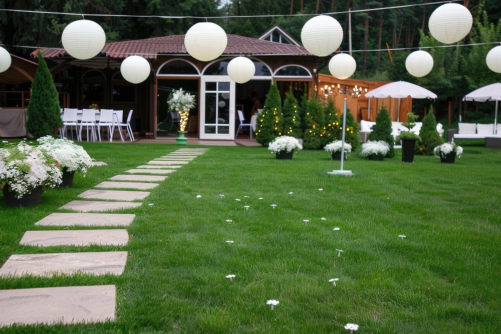 beautiful-outdoor-wedding-venue-features-hanging-lanterns-lush-green-grass-floral-decorations-creating-romantic-atmosphere-celebration 1